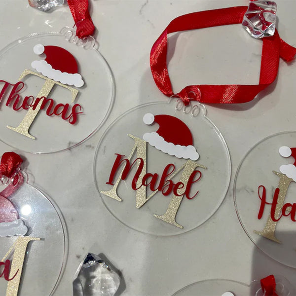 Personalised clear Christmas baubles |names|santa|gifts|