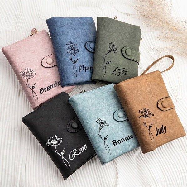 Personalized Vegan Leather Wallet Birth Flower Wallet Tri-Fold Wallet