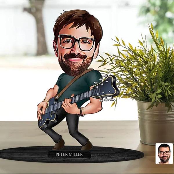 Personalized 3D Wooden Cartooned Guitarist Figurine Trinket