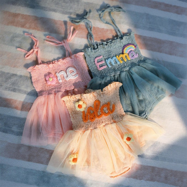 Custom Name Baby Tutu Dress, Hand Embroidered Baby Romper