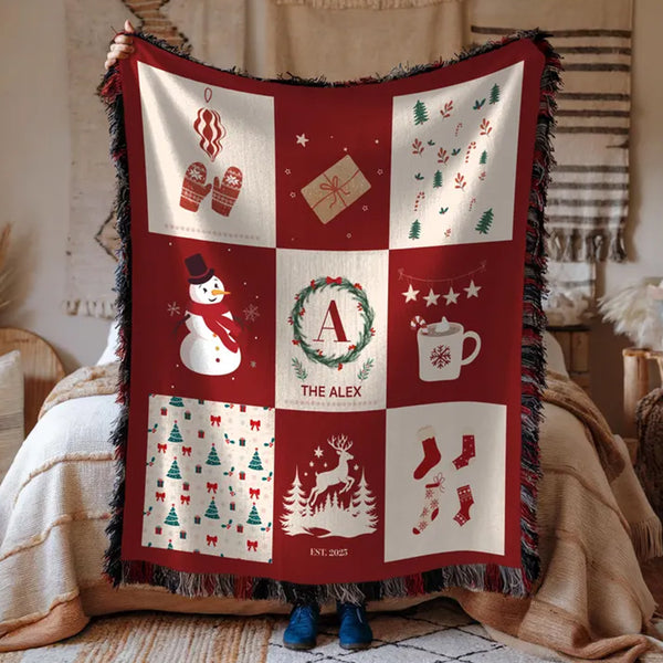 Personalized Family Name Woven Christmas Blanket: Holiday Decor Throw