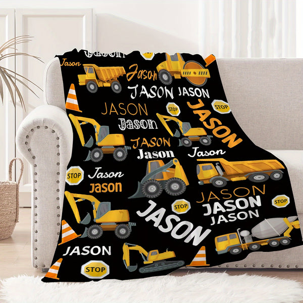 Custom Name Construction Trucks Throw Blanket, Contemporary Style Flannel