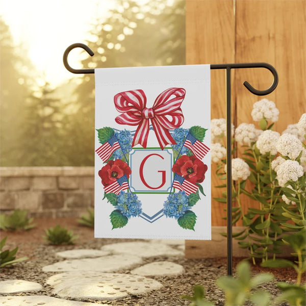 Custom Garden Flag Preppy Bow Name Sign Patriotic Hydrangea