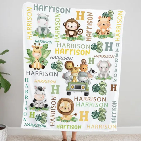 Personalized Safari Animal Blanket Boy, Baby Name Blanket