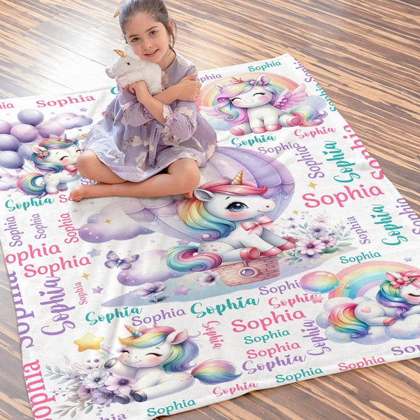Personalized Cute Stars Rainbow Fantasy Unicorn Soft Throw Blanket with Name