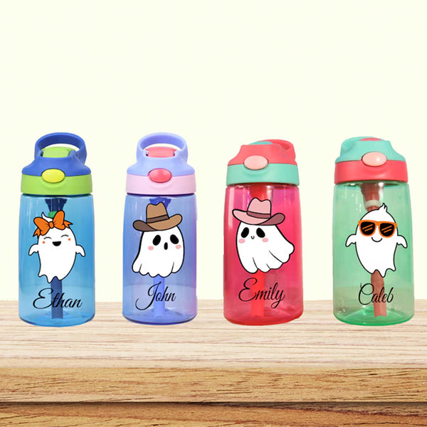 Custom Halloween water bottle with name, Cute Ghost Halloween drinking cup