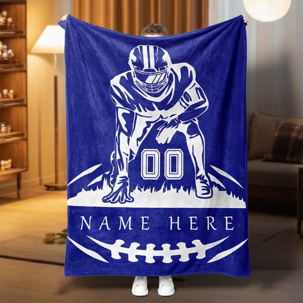 Customizable American Football Design Blue Flannel Blanket, Personalized Name