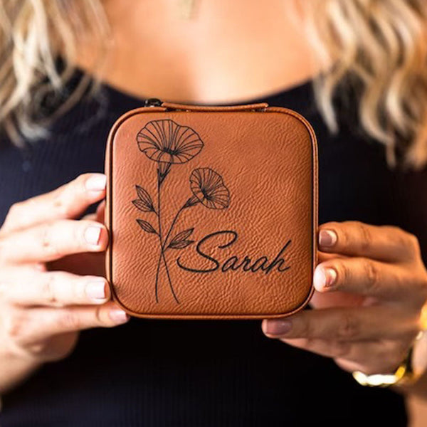 Birth Flower Jewelry Travel Case, Birth Month Flower Gift, Personalized Birthday Gift, Leather Jewelry Travel Case