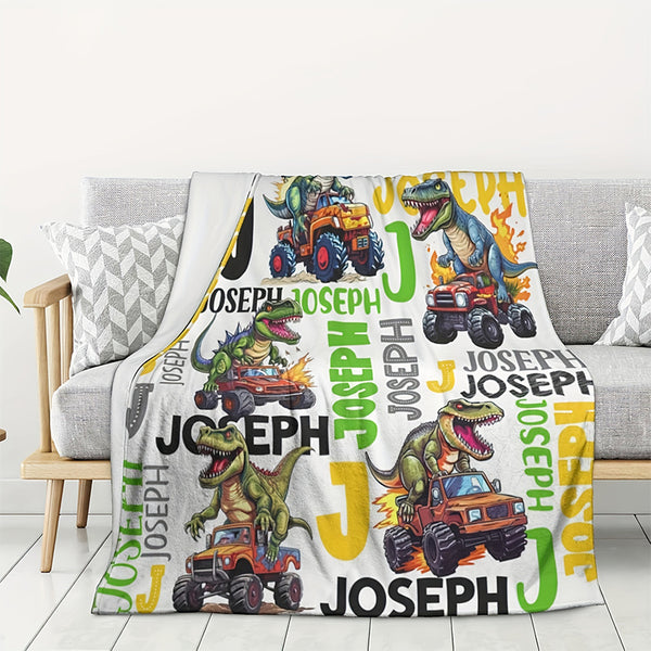 Customizable Dinosaur Truck Print Flannel Throw Blanket