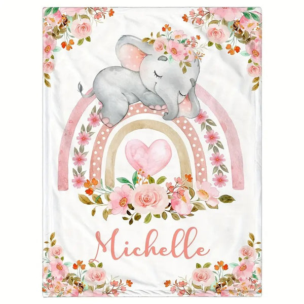 Custom Name Floral Pink Elephant Blanket
