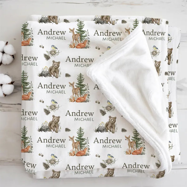 Personalized Forest Animal Baby Blanket, Custom Baby Name Blanket