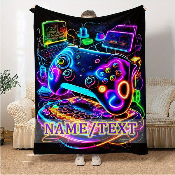 Customizable Gamer's Flannel Blanket with Vibrant Neon Gamepad Design