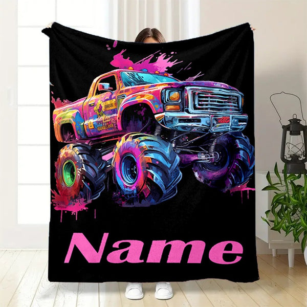 Personalized Flannel Blanket Featuring a Customized Monster Trucks