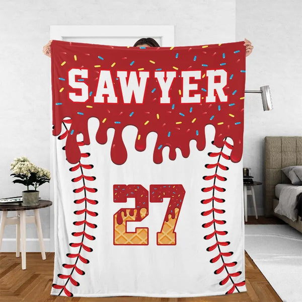 Custom Baseball Drip Blanket, Personalized Ice Cream Drip Baseball Blanket