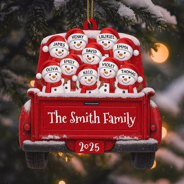 Custom Snowman Family Christmas Ornament, Red Truck Flat Ornament