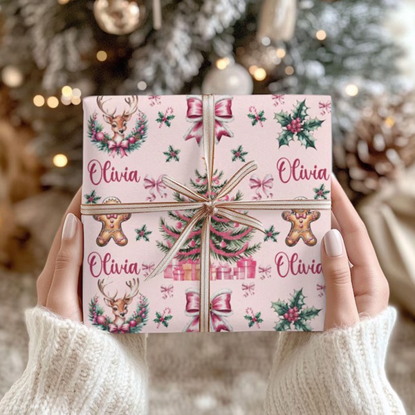 Personalized Pink Christmas Gift Wrapping Paper Custom Name