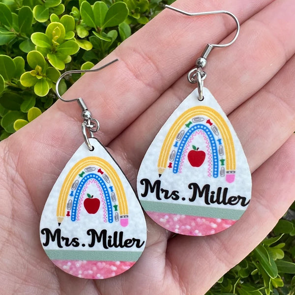 Personalized Teacher Earrings. Rainbow Pencil. Back to school