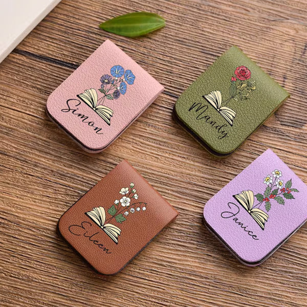 Leather Bookmark with Birth Flower,Personalized Leather Magnetic Bookmark