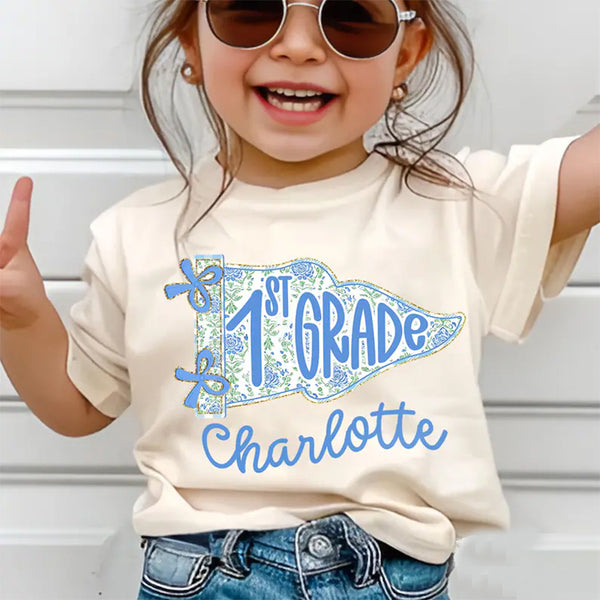 Personalized 1st Grade Shirt for Girls, Floral Pennant Back to School Shirt
