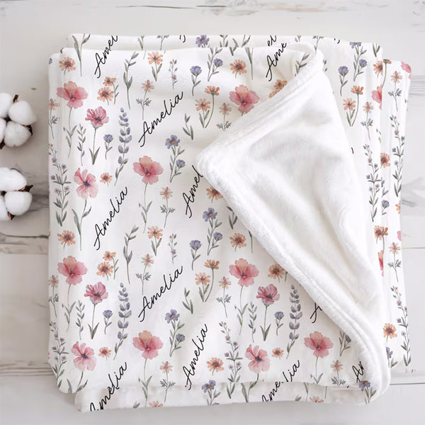 Personalized Wildflower Baby Blanket, Custom Baby Name Blanket
