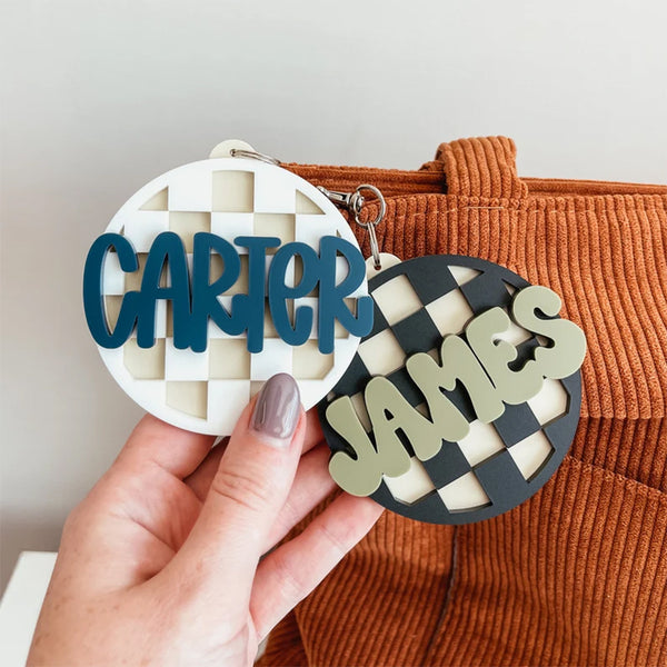 Checkered Backpack Tag, Backpack Name Keychain, 3D Name Keychain