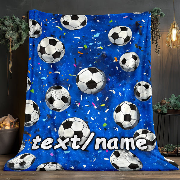 Custom Name Football Blanket - Lightweight Flannel Throw with Soccer Ball & Confetti Print
