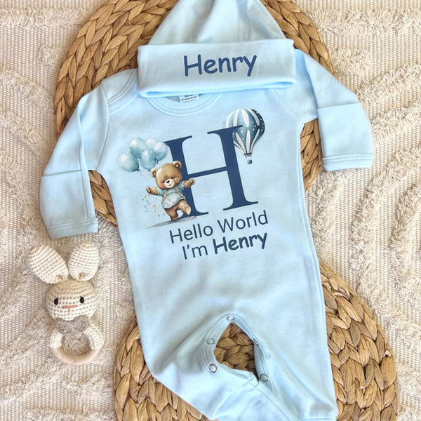 Personalized baby coming home outfit, romper hat set,