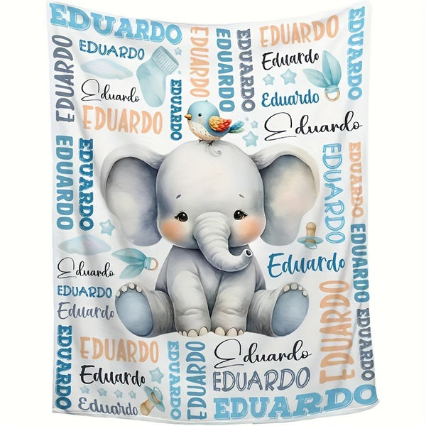 One Custom Text Elephant Print Plush Blanket, Personalized Soft Warm Digital Printed Throw