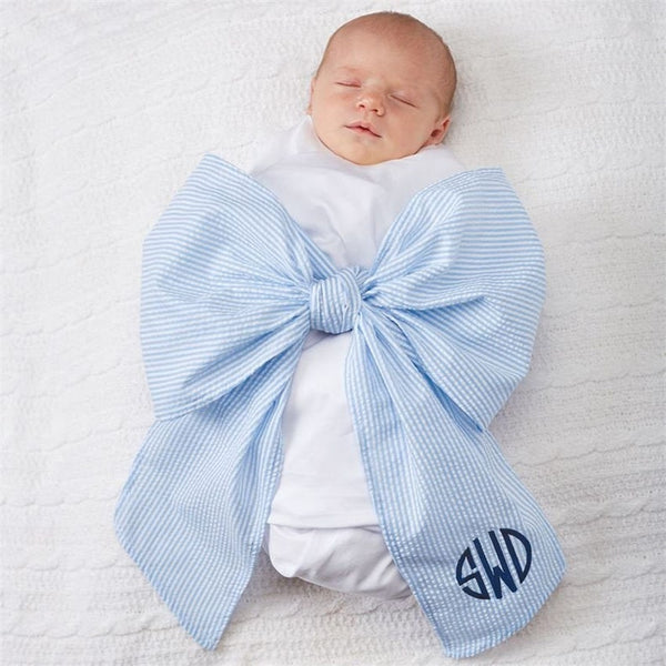 Monogrammed Newborn Infant Baby Seersucker Bow Sash Blanket