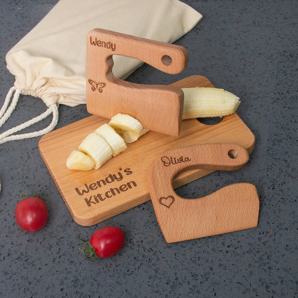 Engraved Wooden Kids Knife and Cutting Board