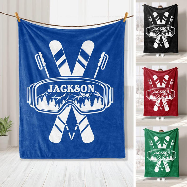 Personalized Skiing Blanket, Custom Name Soft Cozy Sherpa Fleece Throw Blankets
