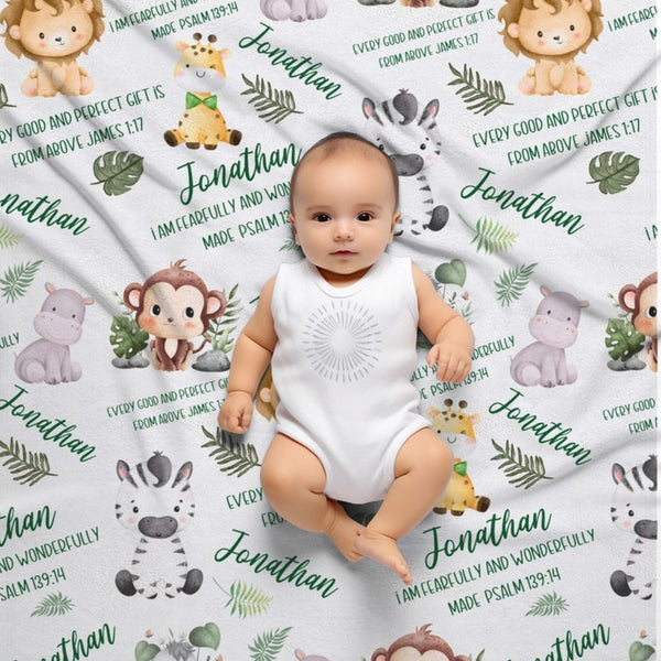 Bible Verse Baby Blanket, Personalized Safari Baby blanket with name