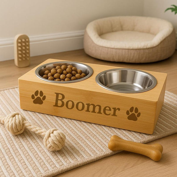 Personalised Dog Paws Wooden Double Feeding Bowl Paw Prints Doggy Puppy