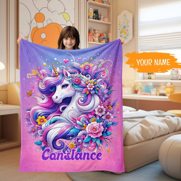 Personalized Purple Unicorn Blanket , Custom Name Kids Throw