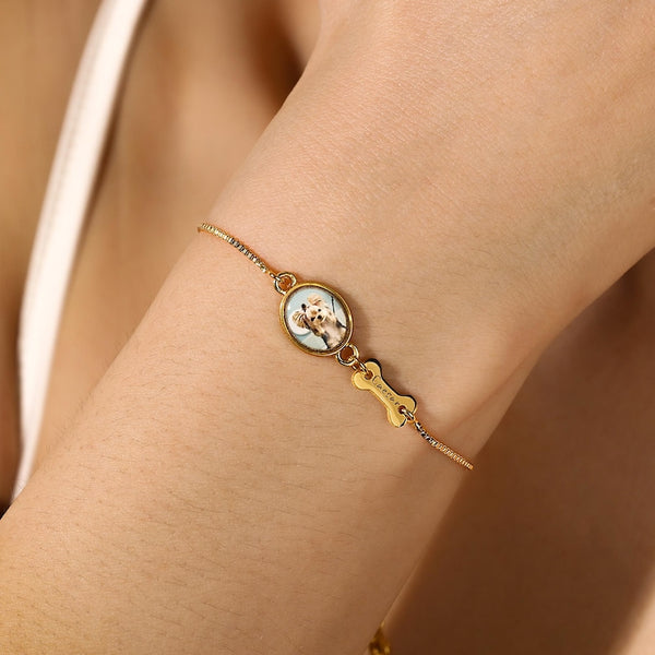 Personalized Pet Photo Bracelet, Custom Name Engraving & Pet Memorial Charm Jewelry