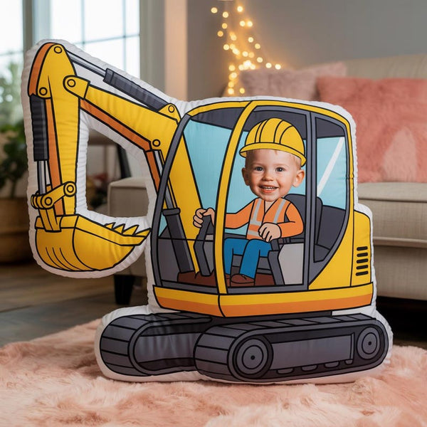 Personalized Funny Construction Excavator Pillow, Custom Kid Photo Face Pillow