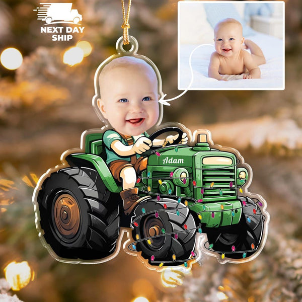 Custom Farmer Baby Face Photo Ornament, Personalized Tractor Ornament