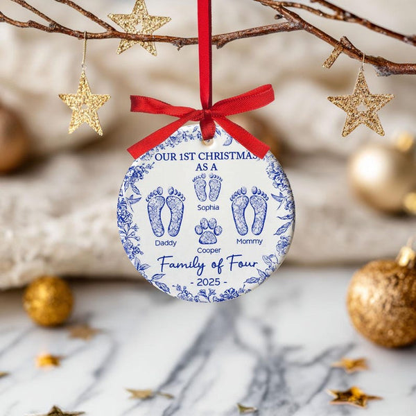 Custom  Family of 4 First Christmas Keepsake with Footprints
