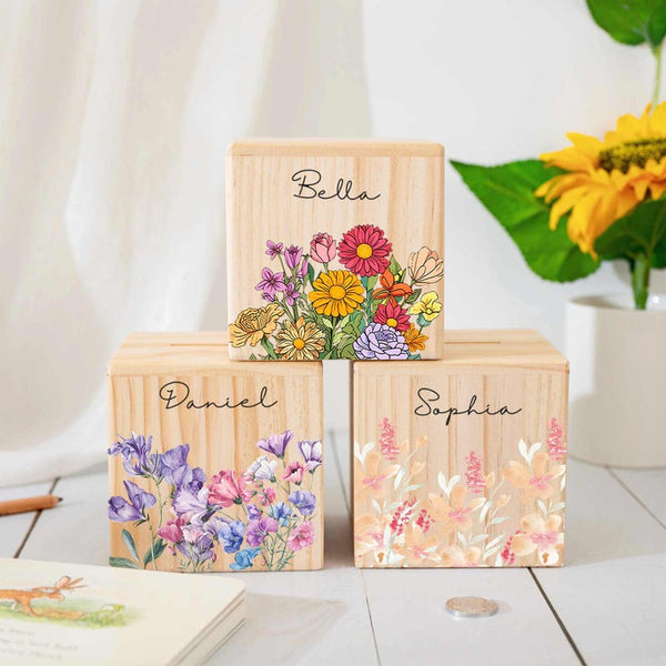 Custom Saving Bank with Kid Name, Flower Wooden Money Box Gift