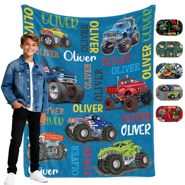 Personalized Monster Truck Kids Blanket - Custom Boys Name Throw