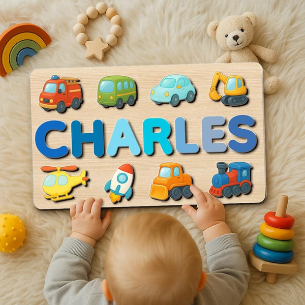 Custom Wooden Name Puzzle – Vehicles Theme | Personalized Baby Gift