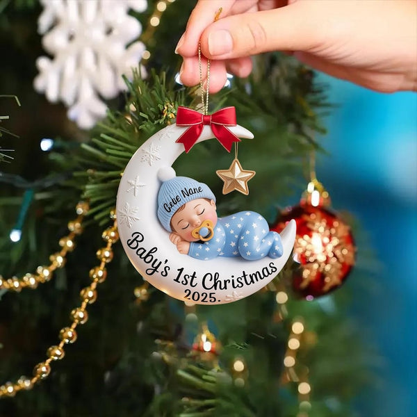 Baby’s First Christmas Ornament, Moon Acrylic Keepsake, Personalized Newborn Gift