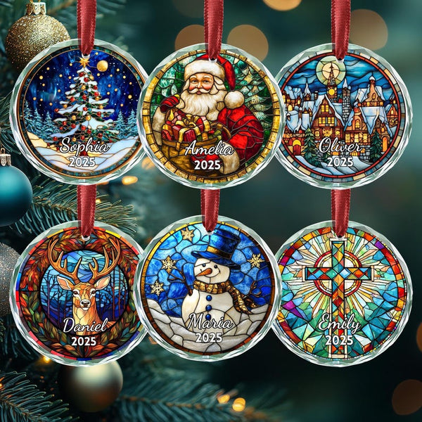Personalized Stained Glass Christmas Ornament 2025, Custom Name Holiday Tree Decoration
