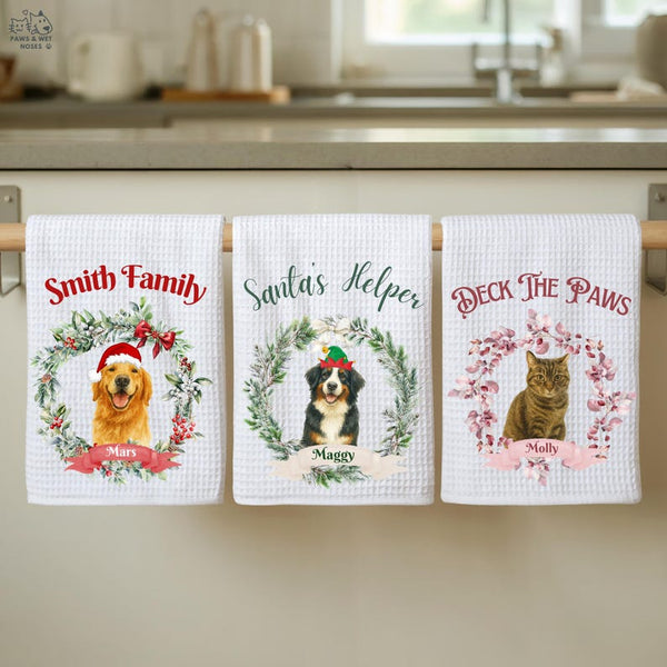 Custom Holiday Kitchen Towel Using Pet Photo With Name