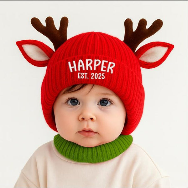 Personalized Reindeer Baby Beanie, Custom Knit Christmas Hat with Name