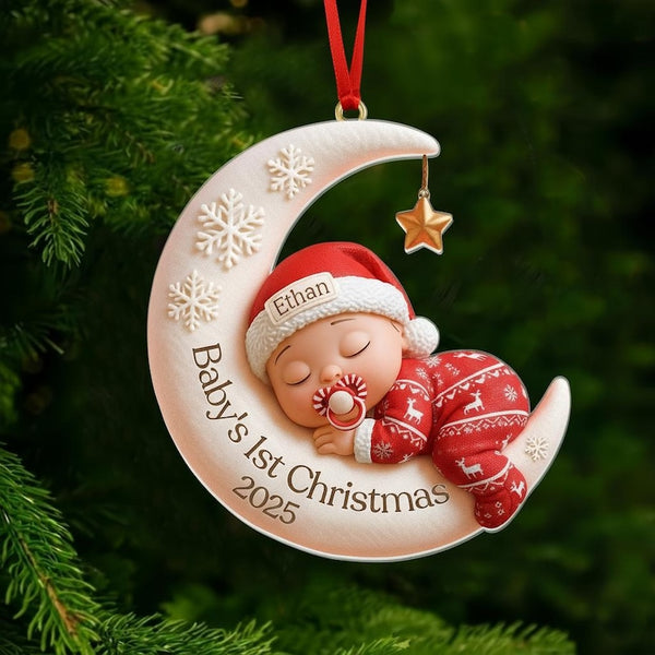 Custom Baby First Christmas Ornament, Personalized Moon Sleeping Acrylic Keepsake