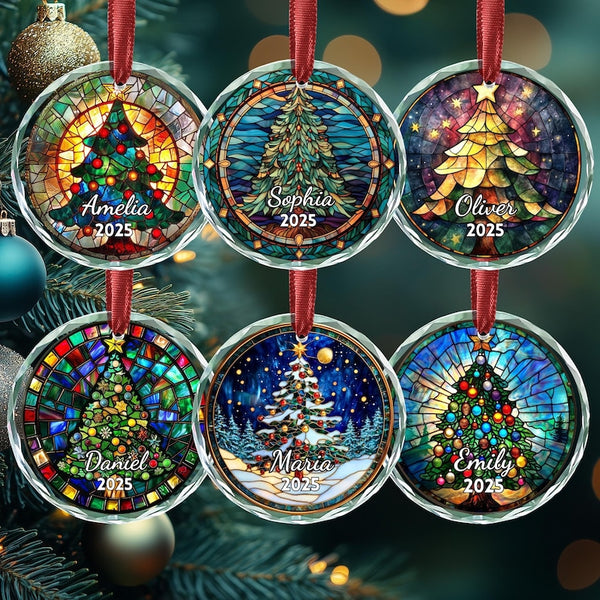 Personalized Christmas Tree Stained Glass Ornament, Custom Name Holiday Tree Decoration
