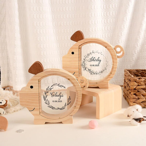 Custom Kid Name Piggy Bank, Custom Wooden Pig Coin Bank, Baptism Gift