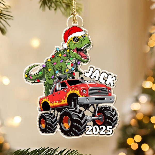 Personalized Boy Christmas Ornament, Dinosaur Riding Monster Truck Ornament