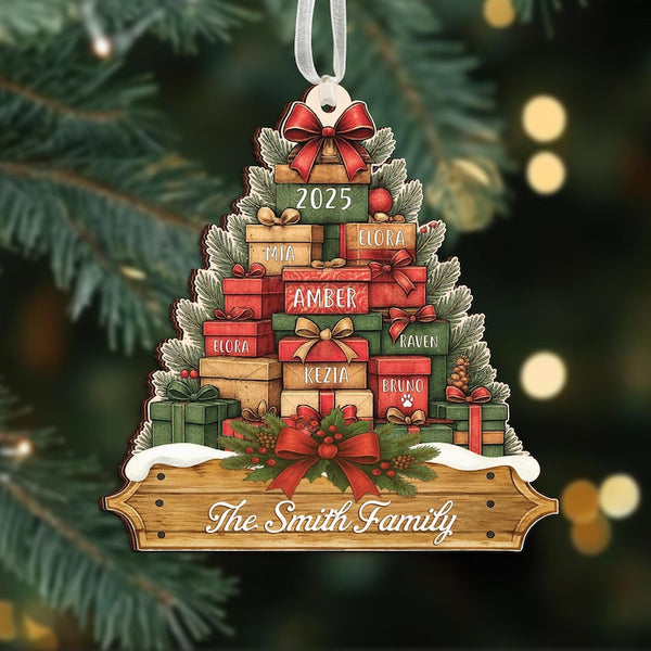 Family Christmas Ornament 2025, Personalized Stacked Gifts Family Ornament